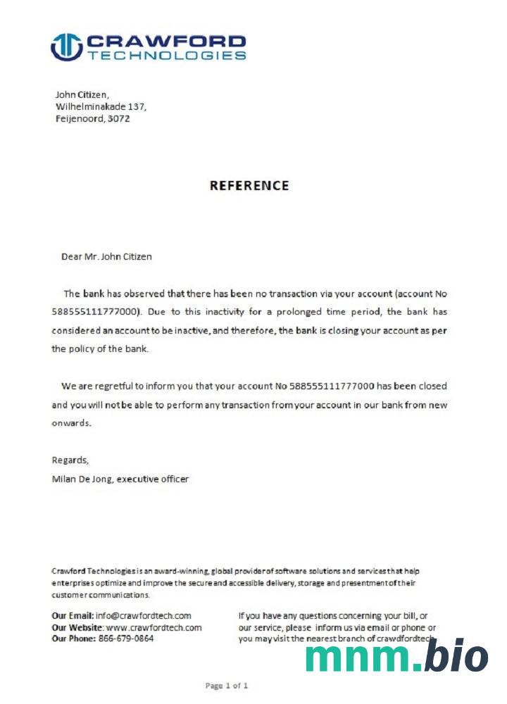 Przykład zamknięcia banku w Holandii w formatach Word i PDF